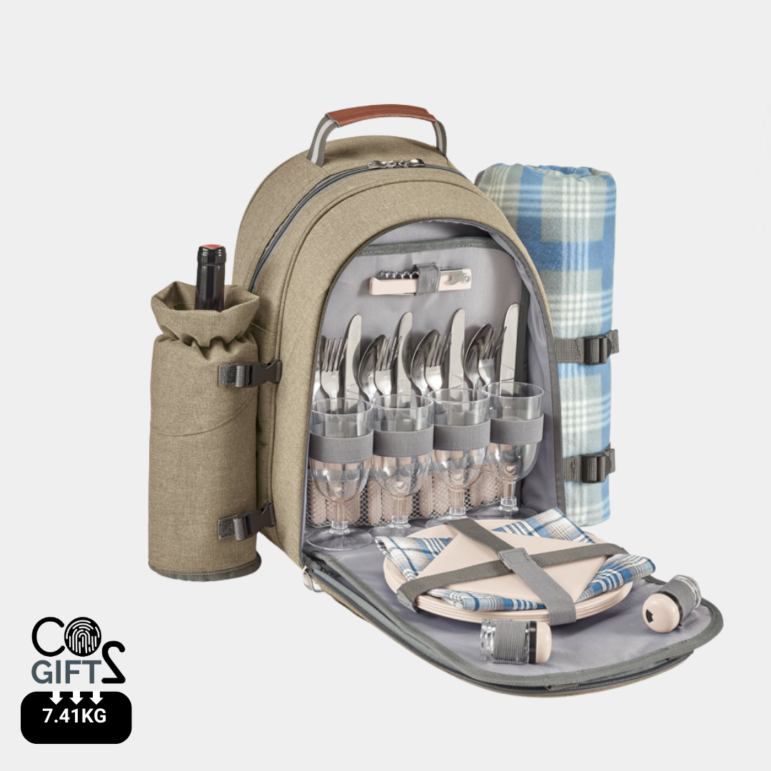 Mochila térmica de picnic fabricada en poliéster reciclado rPET con manta sostenible.